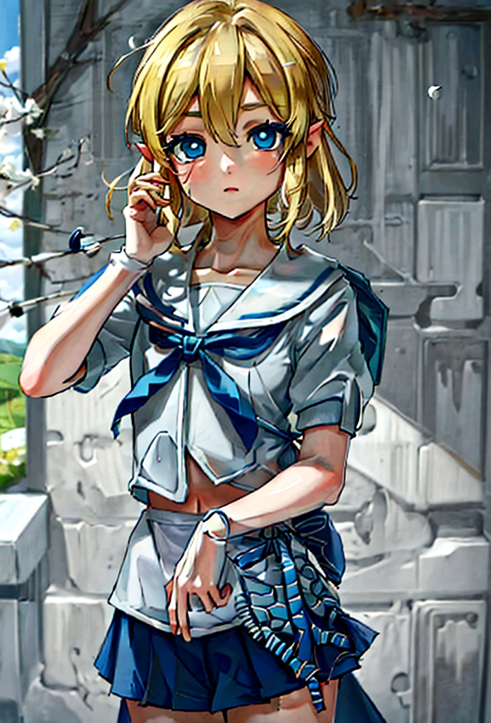 (work of art)), (best qualityer), (detailded), ((1 boy)), (link to the legend of zelda), (Women&#39;s sailor school uniform), gazing at viewer, Short blonde hair, blue colored eyes, , spring time, bright coloured, (spiral eyes)