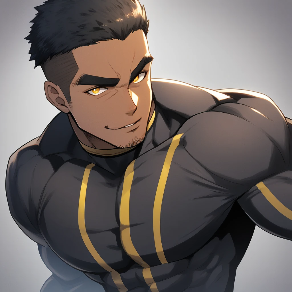 アニメキャラクター：タイツスーパーヒーロー, 筋肉スーパーヒーロー, 黒人の黒い肌, 1 dark skin 筋肉質 tough guy, 男らしさ, 男性中心, 黄色と黒のストライプハイカラー長袖タイトTシャツ, わずかに透明 material, とてもきつい, ラウンド, 豊かで張りのある胸の筋肉, わずかに透明, 筋肉質 male, 筋肉質, のみ, 上半身, 一人で, 黒のショートヘア, 太い眉毛, 無精ひげ, 黄色い目, 灰色の背景, シンプルな背景, 素晴らしい品質, 最高の美学, ばかげている, 明るい瞳, クルーカット, 唇を離した, 魅惑的な笑顔, トロガオ, いたずら顔, 影を落とす, 最高品質