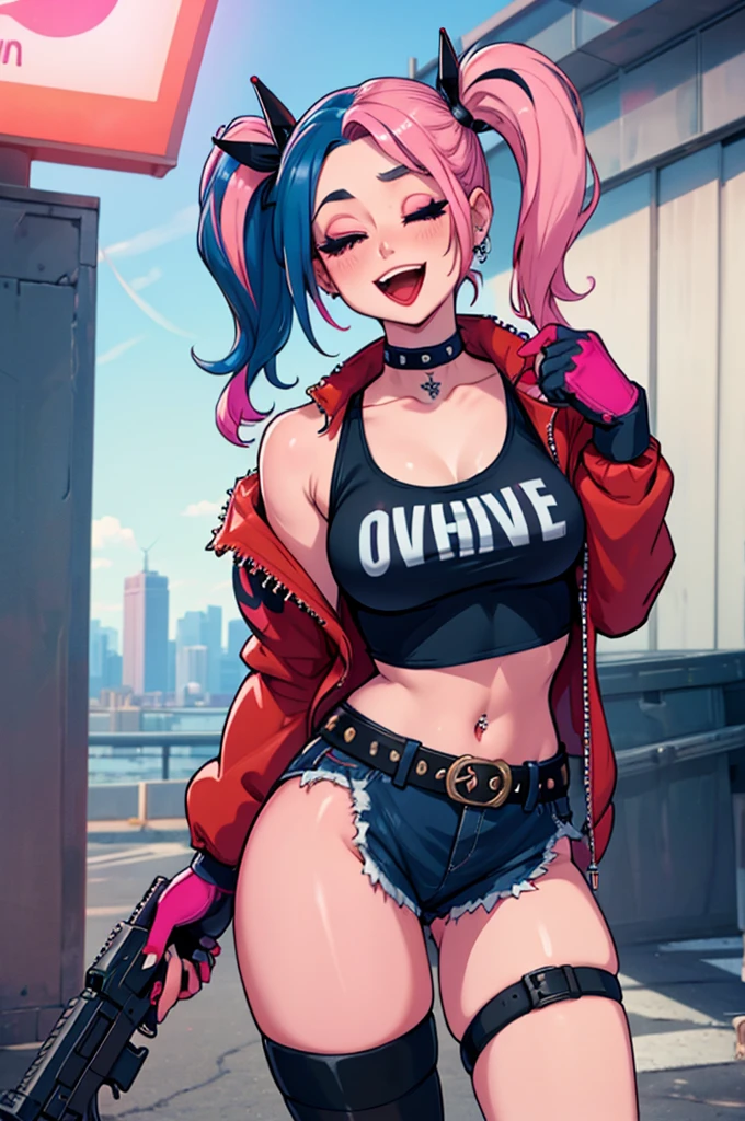 Harley Quinn, 1girl, solo, long hair, breasts, smile, open mouth, skirt, thighhighs, gloves, navel, holding, twintails, jewelry, blue hair, jacket, weapon, pink hair, heart, multicolored hair, one eye closed, shorts, midriff, belt, miniskirt, fingerless gloves, nail polish, crop top, gun, short shorts, makeup, piercing, lipstick, pale skin, red jacket, handgun, eyeshadow, revolver, heart tattoo, studded belt, shiny skin, specular highlights,big boobs