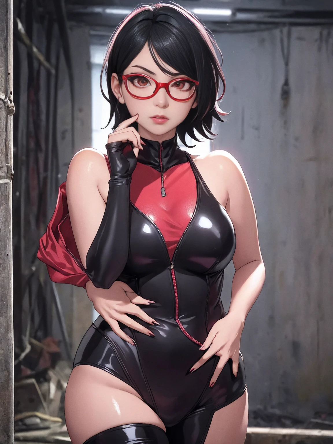 1girl, solo, black hair, short hair, Red eyes, frameless glasses, closeup shot,, detailed art. Curved hips, Thick thighs,, bare shoulders, scary basement background,, facing viewer, hands on hips, shiny hair, sexy hips. Dark pink painted lips, wet skin, (extremely detailed face), behind, 8K resolution, super detailed, high quality, heart shaped lips. K-pop pose
