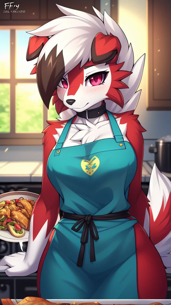 By zinfyu,by twistedscarlet60, uploaded on pixiv, by fluff-kevlar, (masterpiece), (best quality), (solo female:1.2), (extremely detailed:1.3),(detailed eye,black circle on eye,pink eye), lycanroc midnight, view on viewer, close view, shy face, half body on potrait, only body and head, close view, wearing cooking apron,in kitchen, serving many food, (tail:1.1), closeup photo of lycanroc