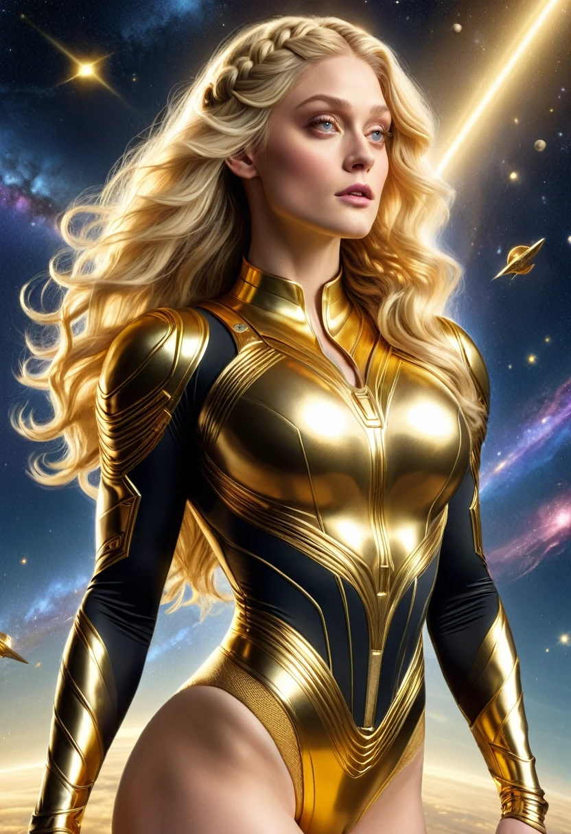 BOMBSHELL OLIVIA TAYLOR DUDLEY AS A BLONDE VALKYRIE FLYING espacio exterior, , Piel pálida, Ojos amarillos, pómulos altos, mejillas sonrosadas, FORAMEN MENTAL, ENORME PELO LARGO, Cabello trenzado doble, ARMADURA MAILLOT TANGA ORO, mangas largas, BODY BAJO ORO, BODY CUELLO DORADO, Guanteletes largos de oro, CUERPO ATLÉTICO CURVY, CUÁDRICEPS DETALLADO, músculos, vista lateral del cuerpo, , Zapatos dorados, perspectiva de cuerpo completo, ILUMINACIONES DE Sprites, espacio exterior, RAYOS OS LUZ, sol, Luces traseras, cielo nocturno, imagen precisa, obra maestra.