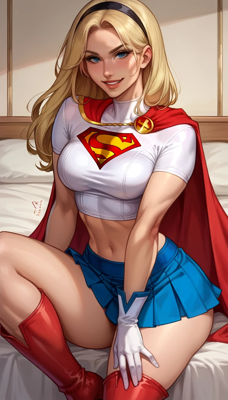 score_9, score_8_up, score_7_up, source_cartoon, BREAK 1girl, solo, Supergirl \(DC Animated Universe\), (long blonde hair:1.2), (black hairband:1.2), (white crop top, short sleeves:1.2), (short red cape:1.2), (short blue skirt, tight, stretchy:1.2), (white gloves:1.2), (red boots:1.2), looking at viewer, parted lips, smiling, mature woman, hot, in her bedroom, model poses.