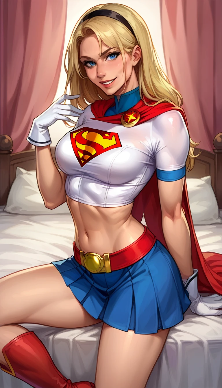 score_9, score_8_up, score_7_up, source_cartoon, BREAK 1girl, solo, Supergirl \(DC Animated Universe\), (long blonde hair:1.2), (black hairband:1.2), (white crop top, short sleeves:1.2), (short red cape:1.2), (short blue skirt, tight, stretchy:1.2), (white gloves:1.2), (red boots:1.2), looking at viewer, parted lips, smiling, mature woman, hot, in her bedroom, model poses.