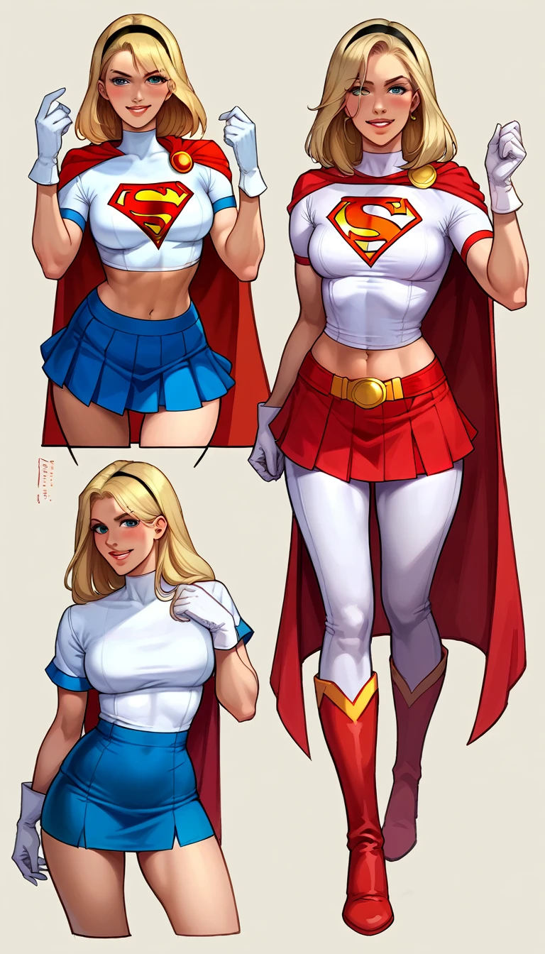 score_9, score_8_up, score_7_up, source_cartoon, BREAK 1girl, solo, Supergirl \(DC Animated Universe\), (long blonde hair:1.2), (black hairband:1.2), (white crop top, short sleeves:1.2), (short red cape:1.2), (short blue skirt, tight, stretchy:1.2), (white gloves:1.2), (red boots:1.2), looking at viewer, parted lips, smiling, mature woman, hot, in her bedroom, model poses.