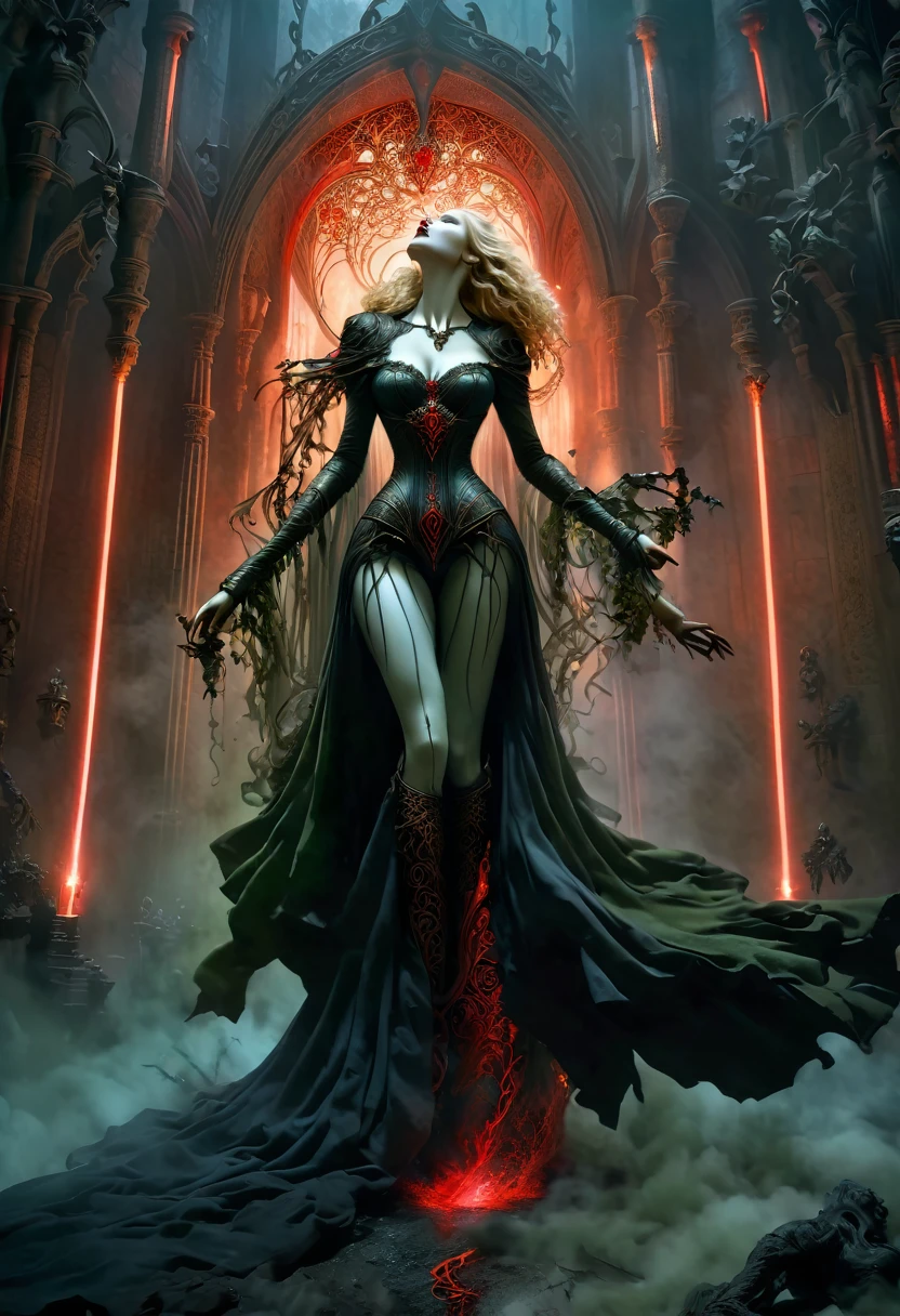 dark fantasy, dramatic lighting, full body shot, wide angle,dynamic angle, deep shadows, a female vampire and her thrall, extremely detailed skin, perfect blond wavy hair, (A female vampire and her thrall, she is using her paranormal powers to shift blood in the atmosphere, making the blood translocate around the environment), (the female vampire is trying to reach her thrall's neck with her hand, absorbing the thrall's blood from afar), hemokinesis, (there are lots of blood strings floating around the environment), she is wearing a very intricate biological exoskeleton, (the female vampire's lower body is vanishing, becoming black mist), the scene unfolds in a dungeon dimly illuminated by a red glow, red energy lines, pale blue and olive hues, mystical energy, moody atmosphere, cinematic composition, Yoshitaka Amano style