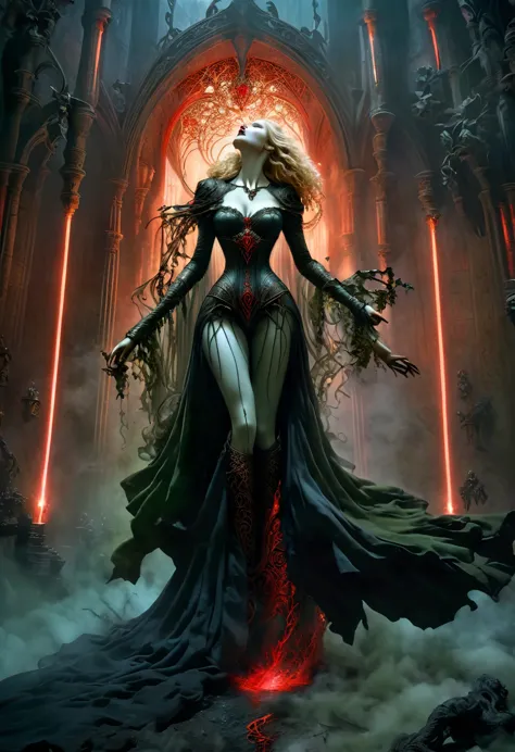 dark fantasy, dramatic lighting, full body shot, wide angle,dynamic angle, deep shadows, a female vampire and her thrall, extrem...