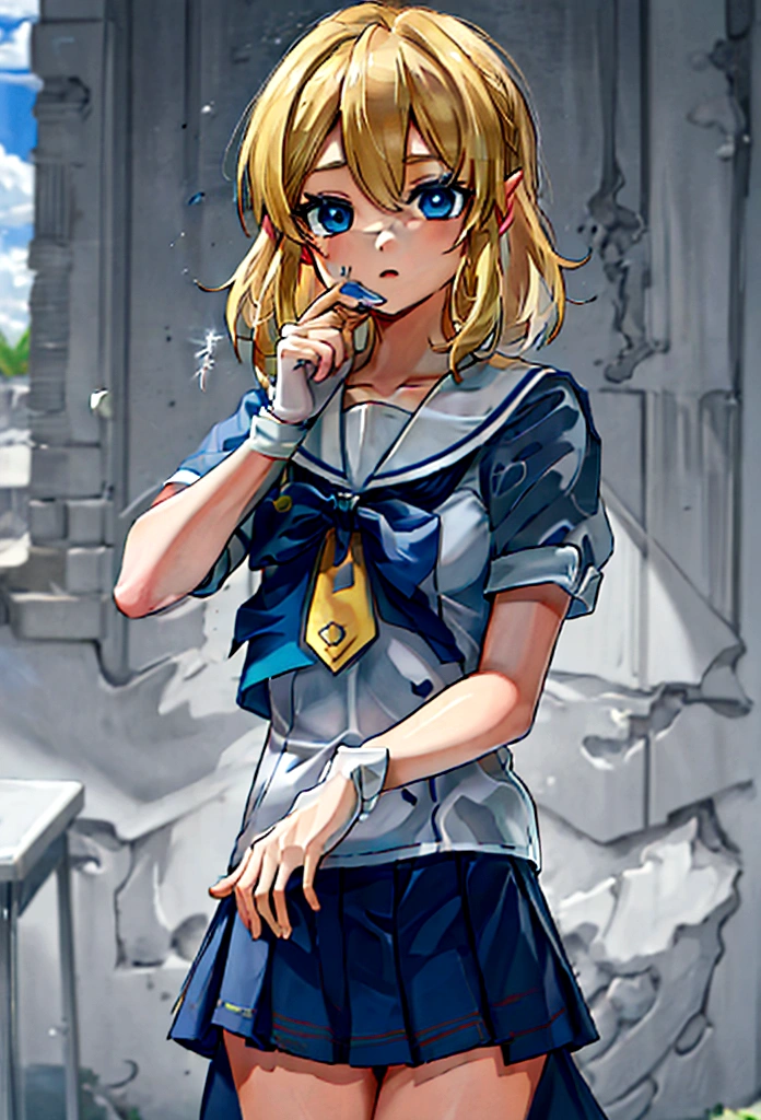 (work of art)), (best qualityer), (detailded), ((1 boy)), (link to the legend of zelda), (Women&#39;s sailor school uniform), gazing at viewer, Short blonde hair, blue colored eyes, , spring time, bright coloured, (crosse-eyed), (StSPendulum), (ahegao)