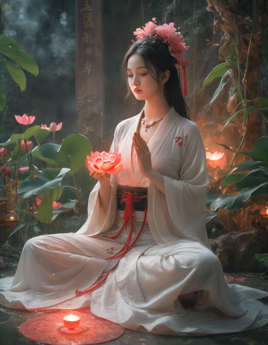 Full-body photo of a courtesan in lotus position，Praying with palms together、Anatomically correct,born, Cinematic shots, (Sharp focus:1.5), (Realistic:1.4), dusk lighting, Volumetric lighting, Ultra-high resolution, 16K,Dramatic lighting, Abstract background：1.5）（Tangleた，Datura stramonium，Holding a heart light in your hand、Tangle，Intertwined：0.7）witch，Red kimono, Foxfire spells, conversion, Depth of written boundary, A fantastic atmosphere, The most beautiful form of chaos, Elegance, Fauvist Design Dark Theme, flowers of death, flowers of ecstasy，Glowing Lines,Glow Example，Tracking example，flash， Backlight，translucent，Particles of light,hill，exit