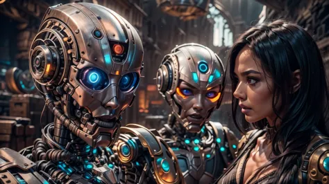 there are two robots that are standing next to each other, machines and futurist robots, death and robots, robot cyborgs, diesel...