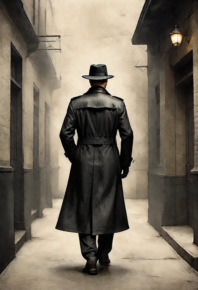 general plano, whole body. ((1920s gangster man in black trench coat and hat , back to camera, walking in a street corridor:1.5), dramatic lighting, film composition, digital paint, movie lighting, boring color palette, moody atmosphere, High Definition, 8k.