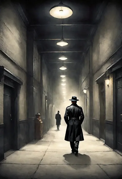 general plano, whole body. ((1920s gangster man in black trench coat and hat , back to camera, walking in a street corridor:1.5)...
