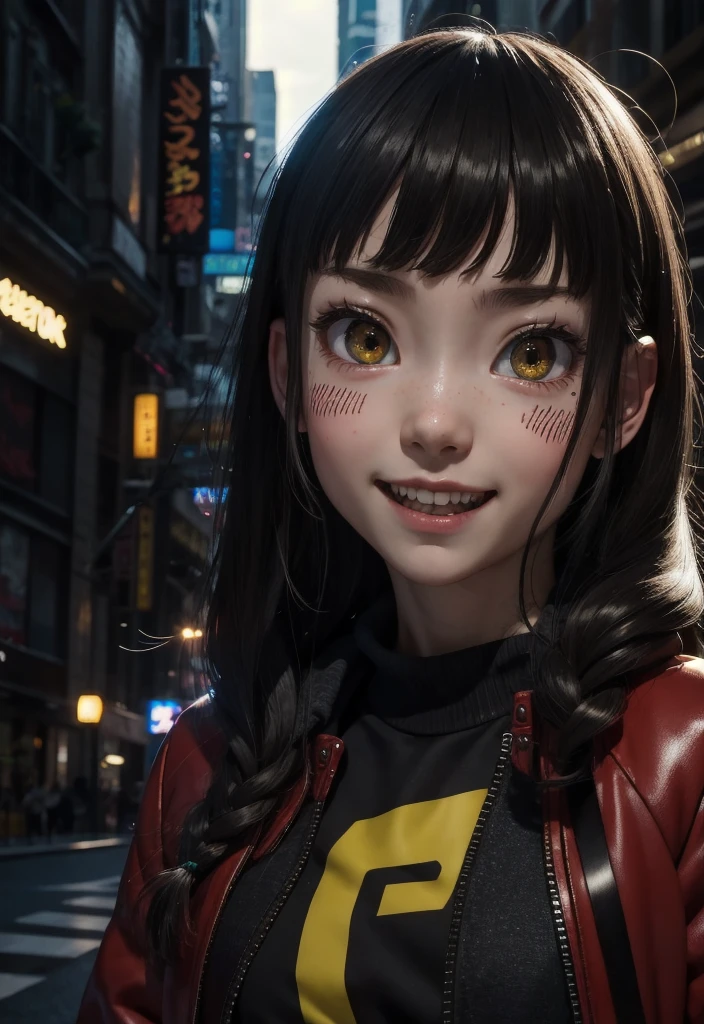 masterpiece, best quality, half body, portrait, night city, 1girl, anime, 3D, Japan, pixar, realistic, teen girl, smiling, cute face, harajuku fashion style, rain coat, beautiful, colourful, neon lights, cyberpunk, smooth skin, illustration, artstation, painting by stanley artgerm lau, sideways glance, foreshortening, extremely detailed 8K, smooth, high resolution, ultra quality, highly detail eyes, highly detail mouth, highly detailed face, perfect eyes, both eyes are the same, true light, glare, Iridescent, Global illumination, long straight hair movement, Big Breasts:1.7, real light, real shadow, real face, hd, 2k, 4k, 8k, 16k, realistic light, realistic shadow, bright Eyes, fluorescent eyes, soft light, dream light