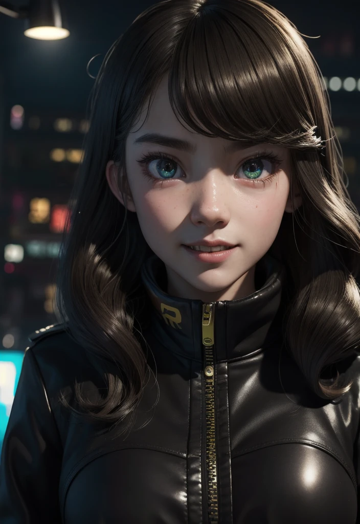 masterpiece, best quality, half body, portrait, night city, 1girl, anime, 3D, Japan, pixar, realistic, teen girl, smiling, cute face, harajuku fashion style, rain coat, beautiful, colourful, neon lights, cyberpunk, smooth skin, illustration, artstation, painting by stanley artgerm lau, sideways glance, foreshortening, extremely detailed 8K, smooth, high resolution, ultra quality, highly detail eyes, highly detail mouth, highly detailed face, perfect eyes, both eyes are the same, true light, glare, Iridescent, Global illumination, long straight hair movement, Big Breasts:1.7, real light, real shadow, real face, hd, 2k, 4k, 8k, 16k, realistic light, realistic shadow, bright Eyes, fluorescent eyes, soft light, dream light