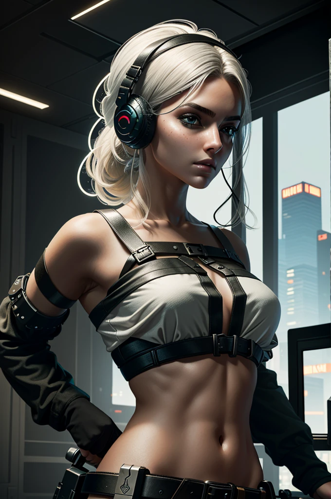 (obra maestra, mejor calidad:1.2)
CiriWitcher, 1 chica, Parte superior del cuerpo, como un hacker ciberpunk, rodeado de herramientas de hacking, computadora, Top corto blanco, auriculares, futuristic
