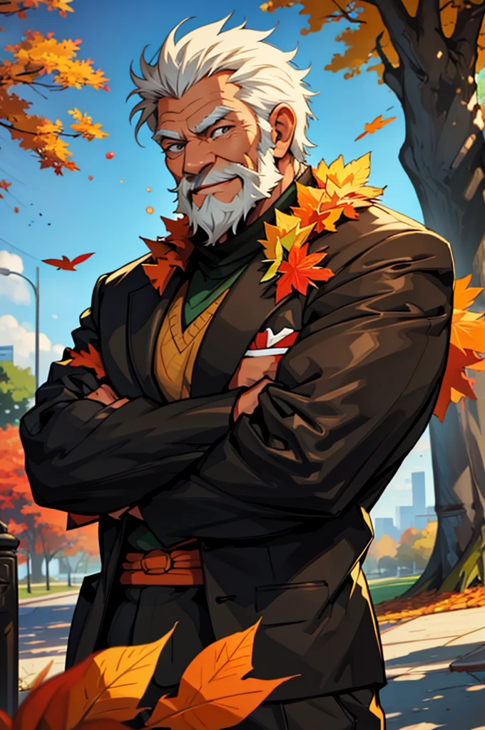 un anciano musculoso en el parque, feliz, otoño, trajes, vector, mwvector, bokeh, sonrisa, (Obra maestra), (mejor calidad), 8k