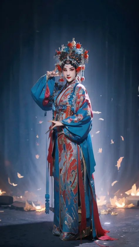 masterpiece, best quality, masterpiece, best quality, 1 girl, flowing costumes，maximum chest，peking opera,qibi