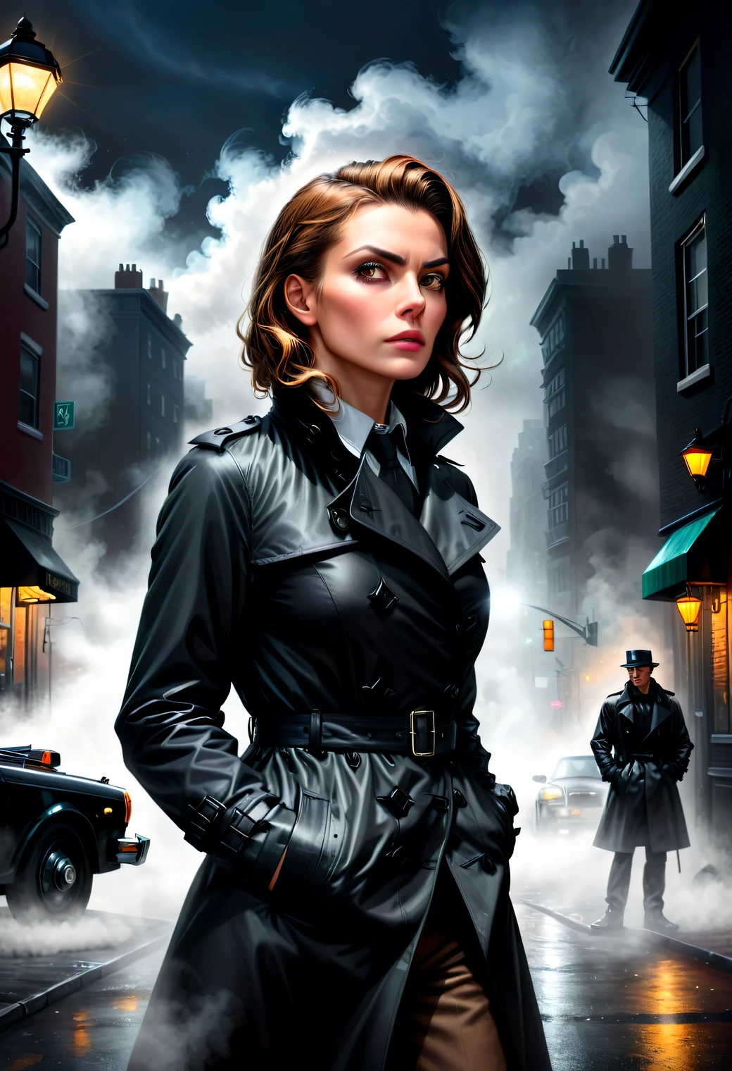 Illustration of a detective, Wearing a fashionable black trench coat, Confident Tension and thrill show in facial expressions BREAK Crime-solving, City streets, Street lights, parked cars thin mist, Tyndall effect　BREAK Mysterious,  Low angle, dramatic lighting, dark fantasy, oil painting, bold stroke of the brush, intricate detail rendering, digital art, 3D rendering, Octane render, breathtakingly beautiful CG