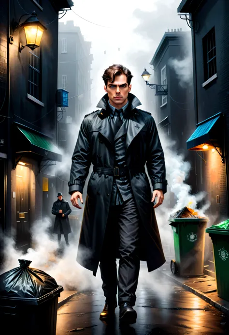 Illustration of a detective, Wearing a fashionable black trench coat, Confident Tension and thrill show in facial expressions BREAK Crime-solving, City streets, Street lights, parked cars, Dingy rubbish bins in narrow alleys, thin mist, Tyndall effect BREAK Mysterious, Low angle, dramatic lighting, dark fantasy, oil painting, bold stroke of the brush