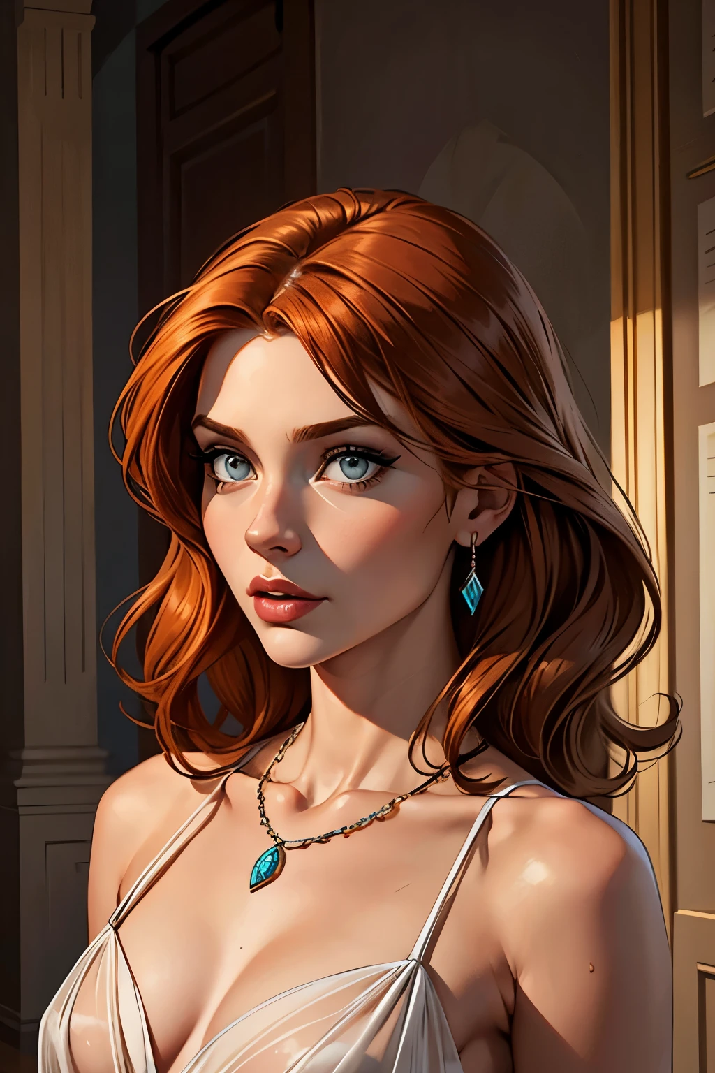 best qualityer, work of art, (realisitic: 1.2), 1 girl, slender girl, ginger hair, eyes browns, 3/4 view, face detailed, gorgeous eyes, eyes gray, eyes large, breasts small, necklace, see through gown