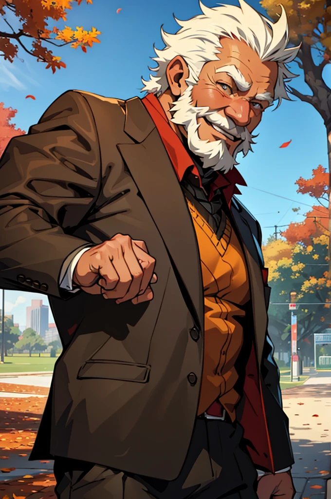un anciano musculoso en el parque, feliz, otoño, trajes, vector, mwvector, bokeh, sonrisa, (Obra maestra), (mejor calidad), 8k