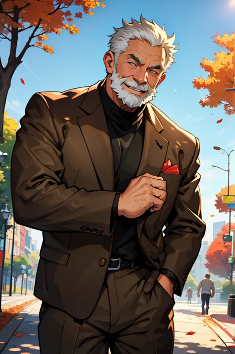 a muscular old man in park, happy, autumn, suits, vector, mwvector, bokeh, smile, (masterpiece), (best quality), 8k