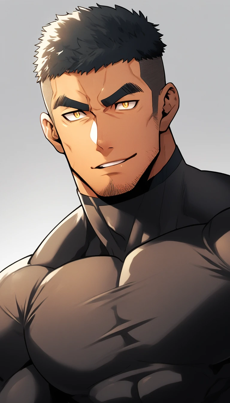 personagens de anime：Super-herói de meia-calça, Super-herói muscular, pele negra negra, 1 cara durão musculoso de pele escura, masculinidade, foco masculino, Camiseta justa listrada amarela e preta com gola alta e manga comprida, Ligeiramente transparente material, Muito apertado, redondo, músculos do peito cheios e alegres, Ligeiramente transparente, macho musculoso, muscular, apenas, tronco, sozinho, cabelo curto preto, sobrancelhas espessas, restolho, olhos amarelos, fundo cinza, fundo simples, qualidade incrível, melhor estética, ridículo, pupilas brilhantes, corte à escovinha, lábios entreabertos, sorriso sedutor, torogação, cara de safada, sombra projetada, melhor qualidade