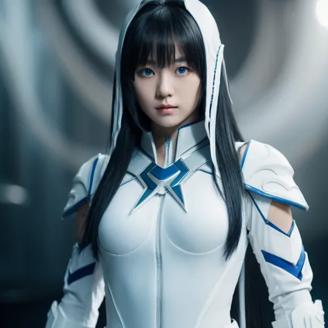 korean girl, white long hair with bangs, icy blue eyes, white skin, white skimpy ninja suit, video game style, mortal kombat sty...