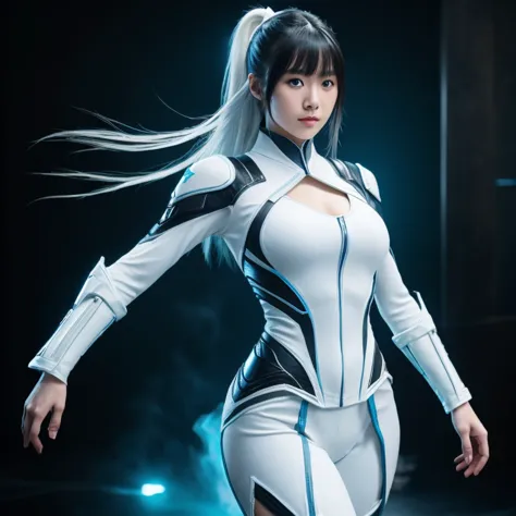 korean girl, white long hair with bangs, icy blue eyes, white skin, white skimpy ninja suit, video game style, mortal kombat sty...