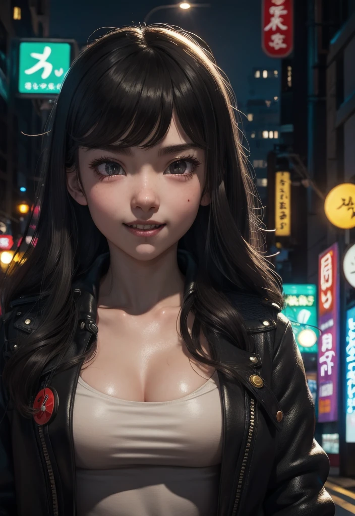 masterpiece, best quality, half body, portrait, night city, 1girl, anime, 3D, Japan, pixar, realistic, teen girl, smiling, cute face, harajuku fashion style, rain coat, beautiful, colourful, neon lights, cyberpunk, smooth skin, illustration, artstation, painting by stanley artgerm lau, sideways glance, foreshortening, extremely detailed 8K, smooth, high resolution, ultra quality, highly detail eyes, highly detail mouth, highly detailed face, perfect eyes, both eyes are the same, true light, glare, Iridescent, Global illumination, (long straight hair), Big Breasts:1.7, real light, real shadow, real face, hd, 2k, 4k, 8k, 16k, realistic light, realistic shadow, bright Eyes, fluorescent eyes, soft light, dream light