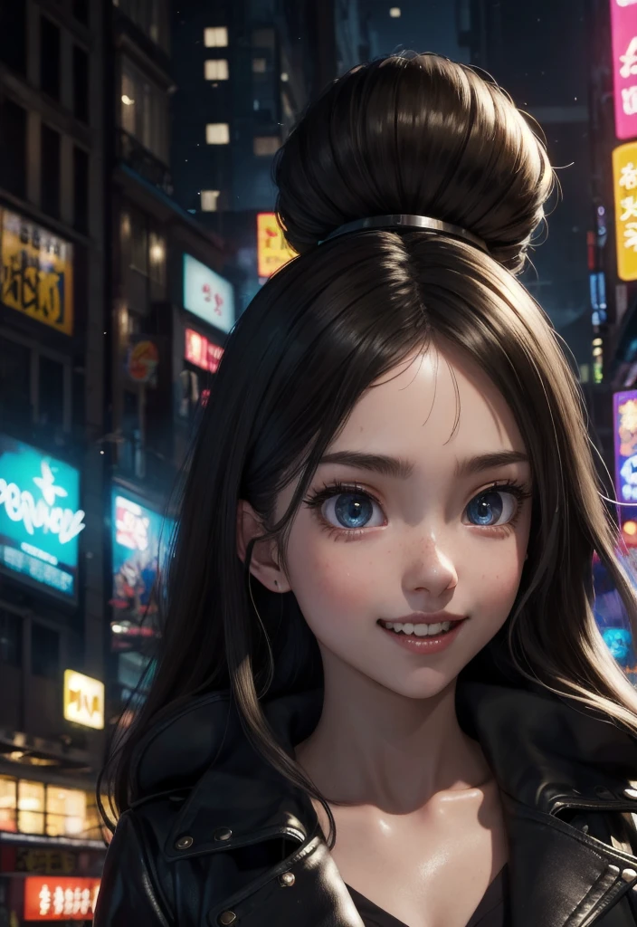 masterpiece, best quality, half body, portrait, night city, 1girl, anime, 3D, Japan, pixar, realistic, teen girl, smiling, cute face, harajuku fashion style, rain coat, beautiful, colourful, neon lights, cyberpunk, smooth skin, illustration, artstation, painting by stanley artgerm lau, sideways glance, foreshortening, extremely detailed 8K, smooth, high resolution, ultra quality, highly detail eyes, highly detail mouth, highly detailed face, perfect eyes, both eyes are the same, true light, glare, Iridescent, Global illumination, (long straight hair), Big Breasts:1.7, real light, real shadow, real face, hd, 2k, 4k, 8k, 16k, realistic light, realistic shadow, bright Eyes, fluorescent eyes, soft light, dream light