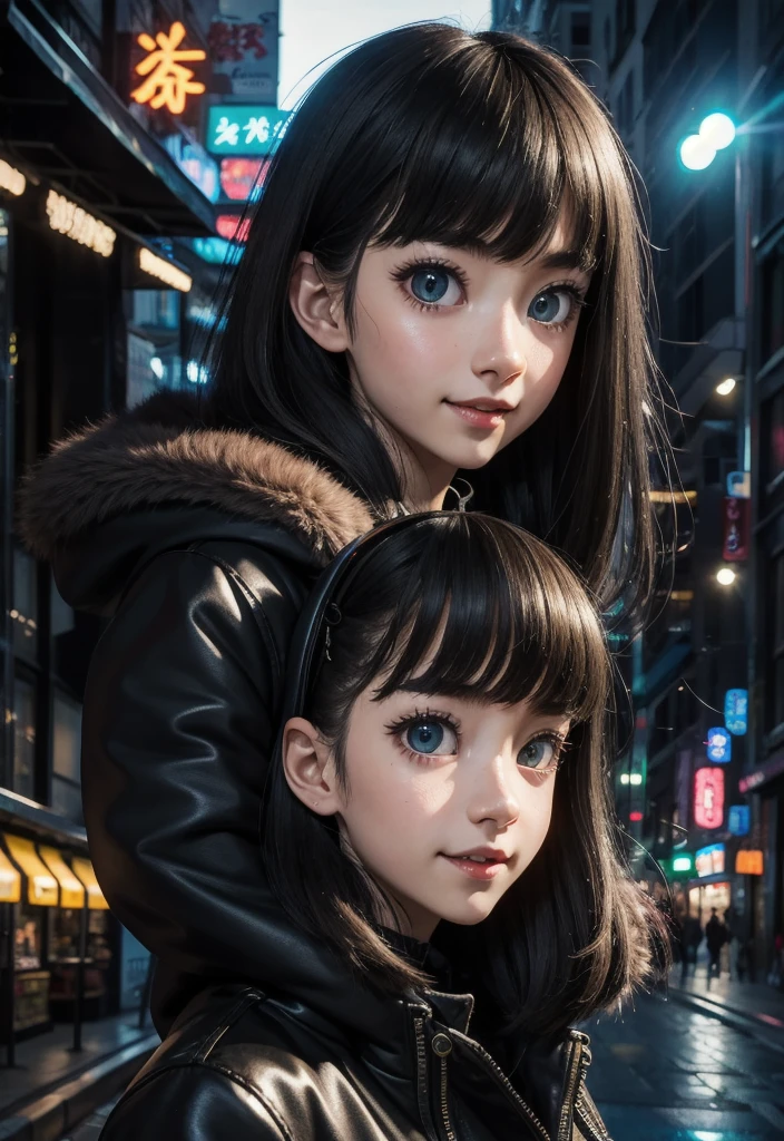 masterpiece, best quality, half body, portrait, night city, 1girl, anime, 3D, Japan, pixar, realistic, teen girl, smiling, cute face, harajuku fashion style, rain coat, beautiful, colourful, neon lights, cyberpunk, smooth skin, illustration, artstation, painting by stanley artgerm lau, sideways glance, foreshortening, extremely detailed 8K, smooth, high resolution, ultra quality, highly detail eyes, highly detail mouth, highly detailed face, perfect eyes, both eyes are the same, true light, glare, Iridescent, Global illumination, (long straight hair), (side comb hair), Big Breasts:1.7, real light, real shadow, real face, hd, 2k, 4k, 8k, 16k, realistic light, realistic shadow, bright Eyes, fluorescent eyes, soft light, dream light