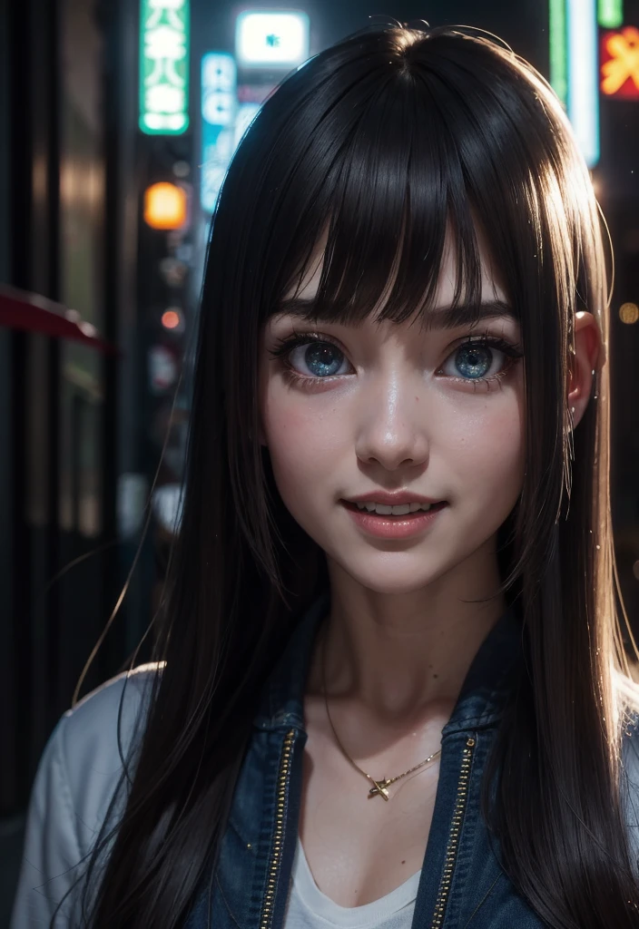 masterpiece, best quality, half body, portrait, night city, 1girl, anime, 3D, Japan, pixar, realistic, teen girl, smiling, cute face, harajuku fashion style, rain coat, beautiful, colourful, neon lights, cyberpunk, smooth skin, illustration, artstation, painting by stanley artgerm lau, sideways glance, foreshortening, extremely detailed 8K, smooth, high resolution, ultra quality, highly detail eyes, highly detail mouth, highly detailed face, perfect eyes, both eyes are the same, true light, glare, Iridescent, Global illumination, (long straight hair), (side comb hair), Big Breasts:1.7, real light, real shadow, real face, hd, 2k, 4k, 8k, 16k, realistic light, realistic shadow, bright Eyes, fluorescent eyes, soft light, dream light