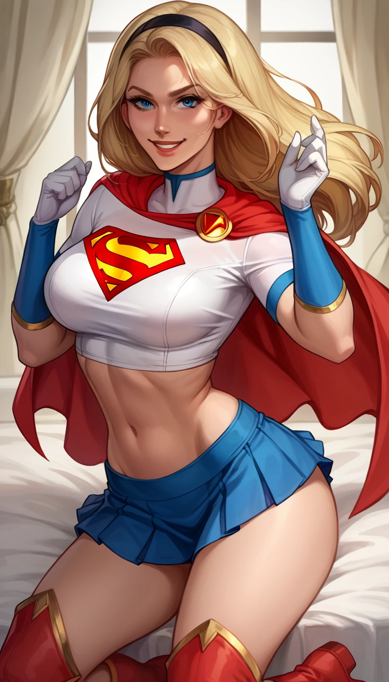 score_9, score_8_up, score_7_up, source_cartoon, BREAK 1girl, solo, Supergirl \(DC Animated Universe\), (long blonde hair:1.2), (black hairband:1.2), (white crop top, short sleeves:1.2), (short red cape:1.2), (short stretchy skirt, tight, blue:1.3), (white gloves:1.2), (red boots:1.2), looking at viewer, parted lips, smiling, mature woman, hot, in her bedroom, model poses.