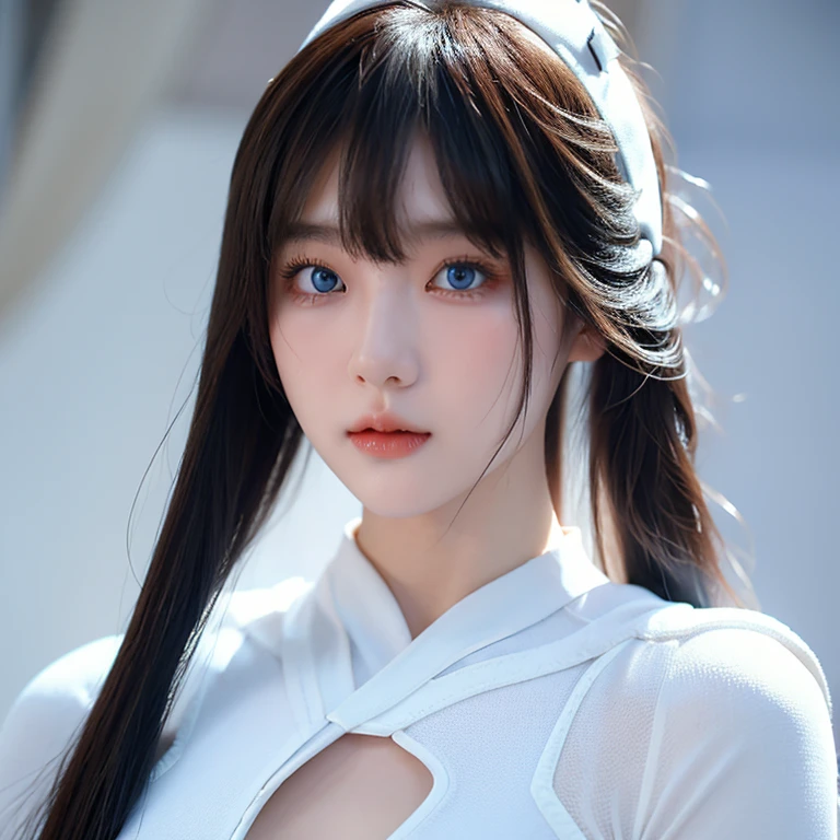 muchacha coreana, Pelo largo blanco con flequillo., Ojos azules helados, piel blanca, traje de ninja diminuto blanco, estilo de videojuego, Estilo mortal kombat