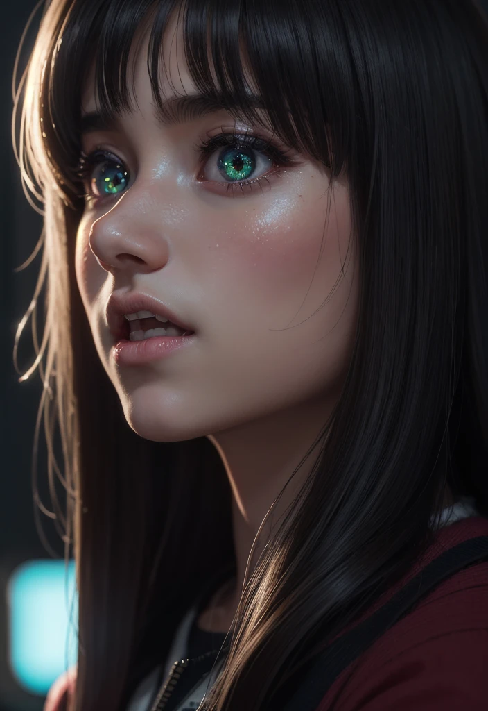 masterpiece, best quality, half body, portrait, night city, 1girl, anime, 3D, Japan, pixar, realistic, teen girl, smiling, cute face, harajuku fashion style, rain coat, beautiful, colourful, neon lights, cyberpunk, smooth skin, illustration, artstation, painting by stanley artgerm lau, sideways glance, foreshortening, extremely detailed 8K, smooth, high resolution, ultra quality, highly detail eyes, highly detail mouth, highly detailed face, perfect eyes, both eyes are the same, true light, glare, Iridescent, Global illumination, (long straight hair), (side comb hair), Big Breasts:1.7, real light, real shadow, real face, hd, 2k, 4k, 8k, 16k, realistic light, realistic shadow, bright Eyes, fluorescent eyes, soft light, dream light