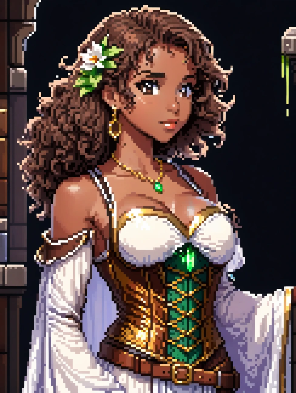 (Pixel art: 1.2), 1 young woman, 2, dark skin, with medium dark brown curly hair held back by a cloth, wearing a medieval white robe covering entire body with floral details, a light brown leather corset belt, a sheath for potions, gold earrings, A necklace with green stone, side view, visible lips and nose, Black background, strong physique, neutral expression.