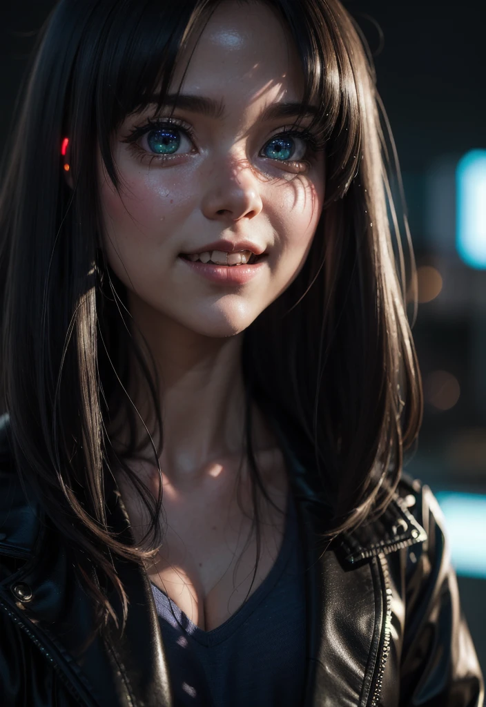 masterpiece, best quality, half body, portrait, night city, 1girl, anime, 3D, Japan, pixar, realistic, teen girl, smiling, cute face, harajuku fashion style, rain coat, beautiful, colourful, neon lights, cyberpunk, smooth skin, illustration, artstation, painting by stanley artgerm lau, sideways glance, foreshortening, extremely detailed 8K, smooth, high resolution, ultra quality, highly detail eyes, highly detail mouth, highly detailed face, perfect eyes, both eyes are the same, true light, glare, Iridescent, Global illumination, (long straight hair), (side comb hair), Big Breasts:1.7, real light, real shadow, real face, hd, 2k, 4k, 8k, 16k, realistic light, realistic shadow, bright Eyes, fluorescent eyes, soft light, dream light