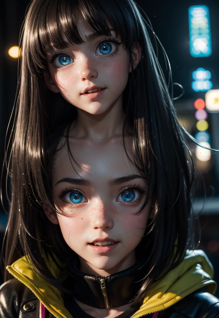 masterpiece, best quality, half body, portrait, night city, 1girl, anime, 3D, Japan, pixar, realistic, teen girl, smiling, cute face, harajuku fashion style, rain coat, beautiful, colourful, neon lights, cyberpunk, smooth skin, illustration, artstation, painting by stanley artgerm lau, sideways glance, foreshortening, extremely detailed 8K, smooth, high resolution, ultra quality, highly detail eyes, highly detail mouth, highly detailed face, perfect eyes, both eyes are the same, true light, glare, Iridescent, Global illumination, (long straight hair), (side comb hair), Big Breasts:1.7, real light, real shadow, real face, hd, 2k, 4k, 8k, 16k, realistic light, realistic shadow, bright Eyes, fluorescent eyes, soft light, dream light