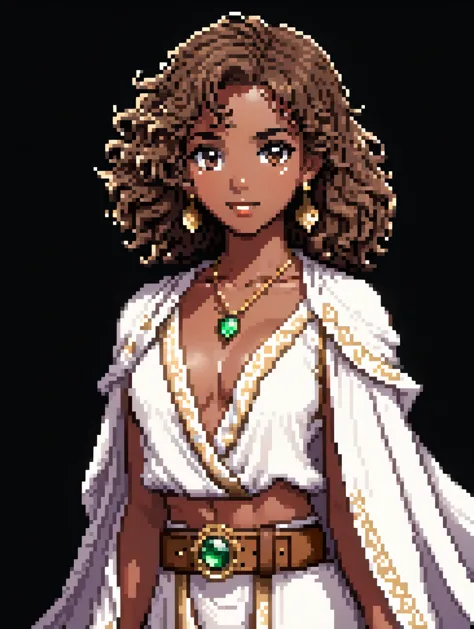 (Pixel art: 1.2), 1 young woman, 23 years old, dark skin, with medium dark brown curly hair held back by a cloth, wearing a medi...