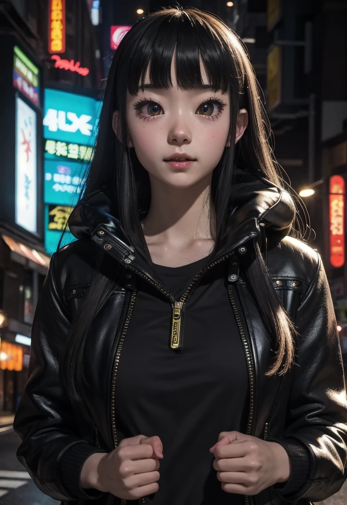 masterpiece, best quality, half body, portrait, night city, 1girl, anime, 3D, Japan, pixar, realistic, teen girl, smiling, cute face, harajuku fashion style, rain coat, beautiful, colourful, neon lights, cyberpunk, smooth skin, illustration, artstation, painting by stanley artgerm lau, sideways glance, foreshortening, extremely detailed 8K, smooth, high resolution, ultra quality, highly detail eyes, highly detail mouth, highly detailed face, perfect eyes, both eyes are the same, true light, glare, Iridescent, Global illumination, (long straight hair), (side comb hair), Big Breasts:1.7, real light, real shadow, real face, hd, 2k, 4k, 8k, 16k, realistic light, realistic shadow, bright Eyes, fluorescent eyes, soft light, dream light