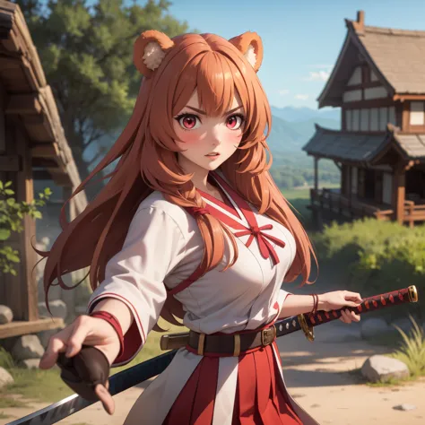 Raphtalia woman 20 years old straight orange hair , bear ears redondeadas, red eyes like ruby., serious expression, blush,  pale...