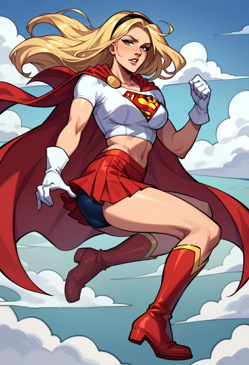 score_9, score_8_up, score_7_up, source_cartoon, BREAK 1girl, solo, Supergirl \(DC Animated Universe\), (long blonde hair:1.2), (black hairband:1.2), (white crop top, short sleeves:1.2), (short red cape:1.2), (short stretchy skirt, tight, blue:1.3), (white gloves:1.2), (red boots:1.2), looking at viewer, parted lips, mature woman, hot, flying over Metropolis, floating, masturbating.