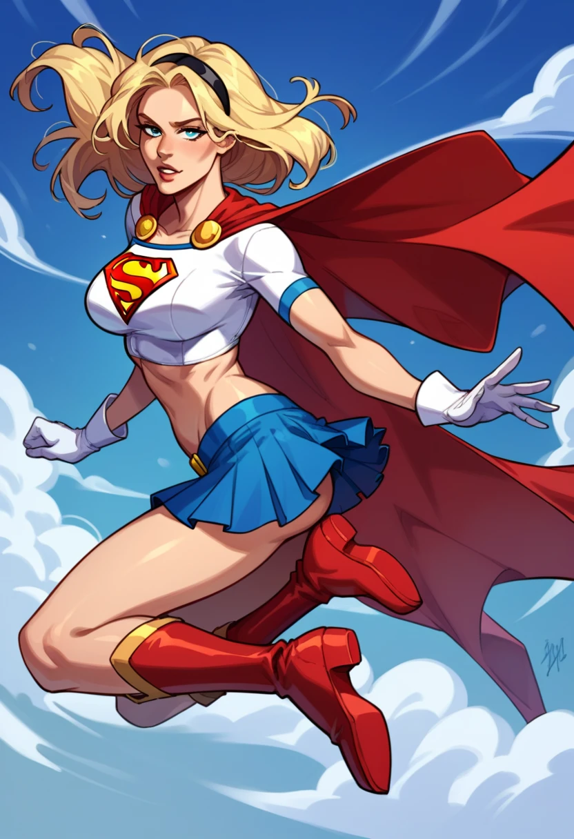 score_9, score_8_up, score_7_up, source_cartoon, BREAK 1girl, solo, Supergirl \(DC Animated Universe\), (long blonde hair:1.2), (black hairband:1.2), (white crop top, short sleeves:1.2), (short red cape:1.2), (short stretchy skirt, tight, blue:1.3), (white gloves:1.2), (red boots:1.2), looking at viewer, parted lips, mature woman, hot, flying over Metropolis, floating, masturbating.