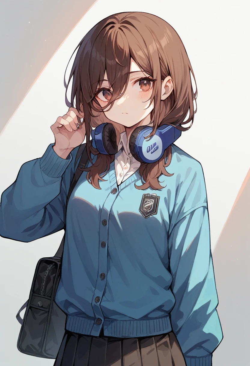 Long Hair,Dark brown hair,The right eye is hidden by hair,headphone,uniform,Skirt green,Blue cardigan