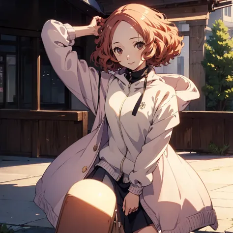 (((masterpiece))) 4k HD, detail background, Haru Okumura, innocent smile, oversize sweater, skirt, standing, outdoor, cute