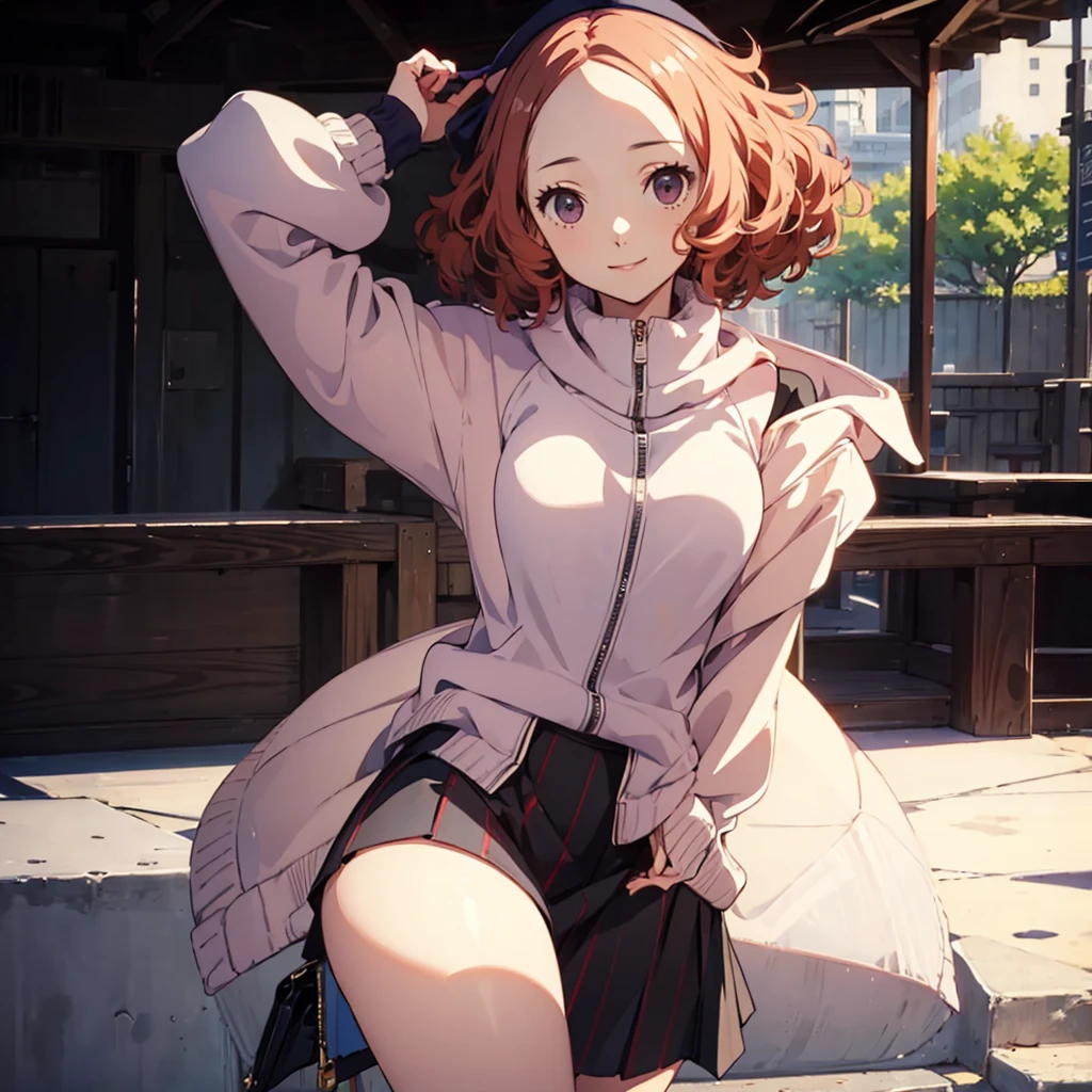 (((傑作))) 4K HD, 詳細背景, Haru Okumura, 無邪気な笑顔, オーバーサイズのセーター, スカート, 立っている, 屋外, かわいい