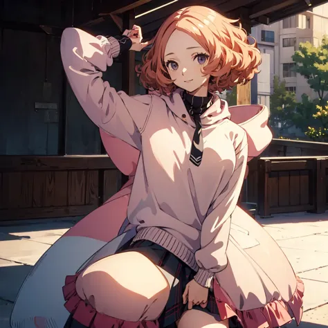 (((masterpiece))) 4k HD, detail background, Haru Okumura, innocent smile, oversize sweater, skirt, standing, outdoor, cute