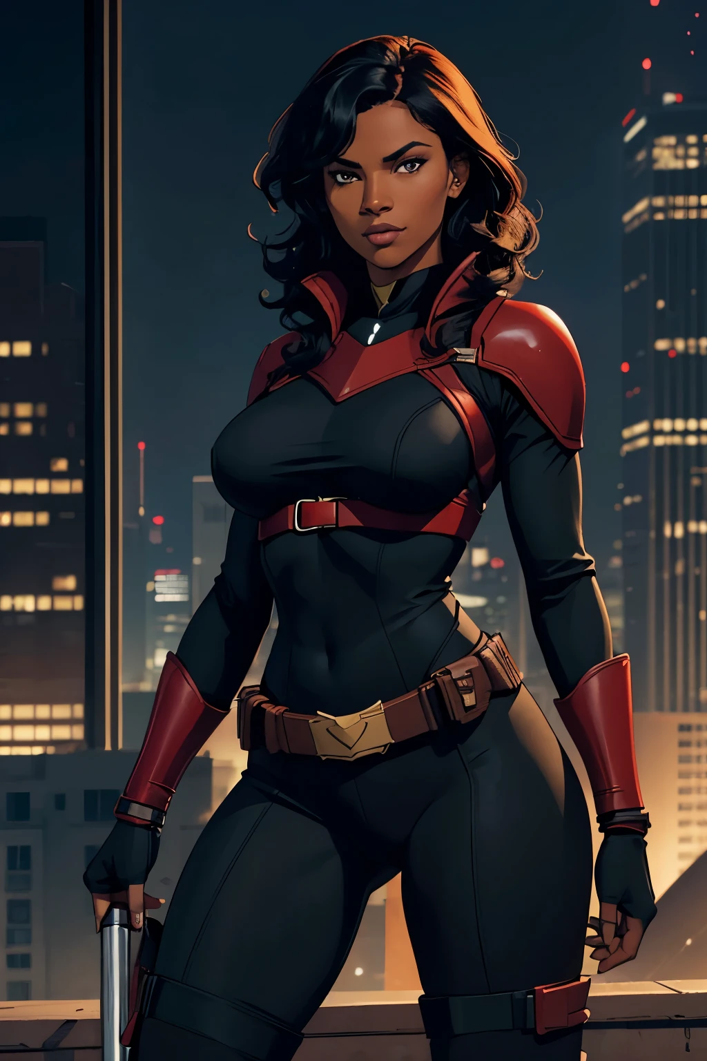 Cardinal, a gorgeous woman with (dark skin) wearing a modest black and red bodysuit, long sleeves, leggings. Athletic, huge breasts, wide hips. Short curly black hair, batons. bracers, shin guards, utility belt. Confident. City skyline, rooftops.