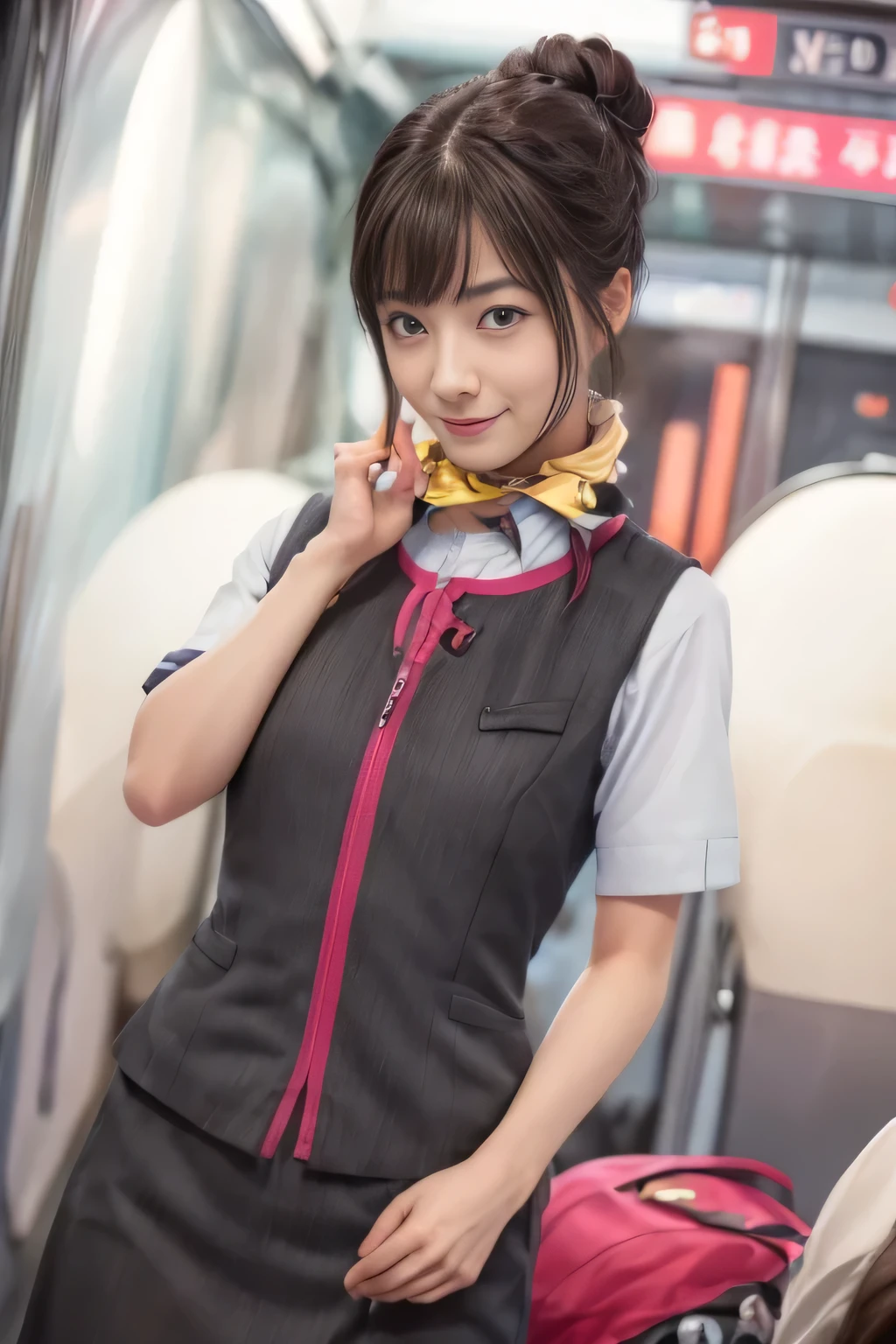 (masterpiece:1.2, Highest quality:1.2), 32k HDR, High resolution, (alone、One girl)、（At the station platform、Professional Lighting）、Empty train station platform background、（Realistic style of JR Gran Class crew uniform）、Short sleeve blouse、a scarf around the neck、（JR Gran Class flight attendant uniform with pink parts on the skirt sleeves）、（The uniform of a flight attendant in JR Gran Class has a pink line on the front zipper of the vest.）、Dark brown hair、（Chignon、Hair tied up）、Dark brown hair、Long Shot、Big Breasts、（（Great hands：2.0）），（（Harmonious body proportions：1.5）），（（Normal limbs：2.0）），（（Normal finger：2.0）），（（Delicate eyes：2.0）），（（Normal eyes：2.0））)、Big Breasts、Luxury Necklace、smile、Beautiful standing posture,Place your hands around your stomach